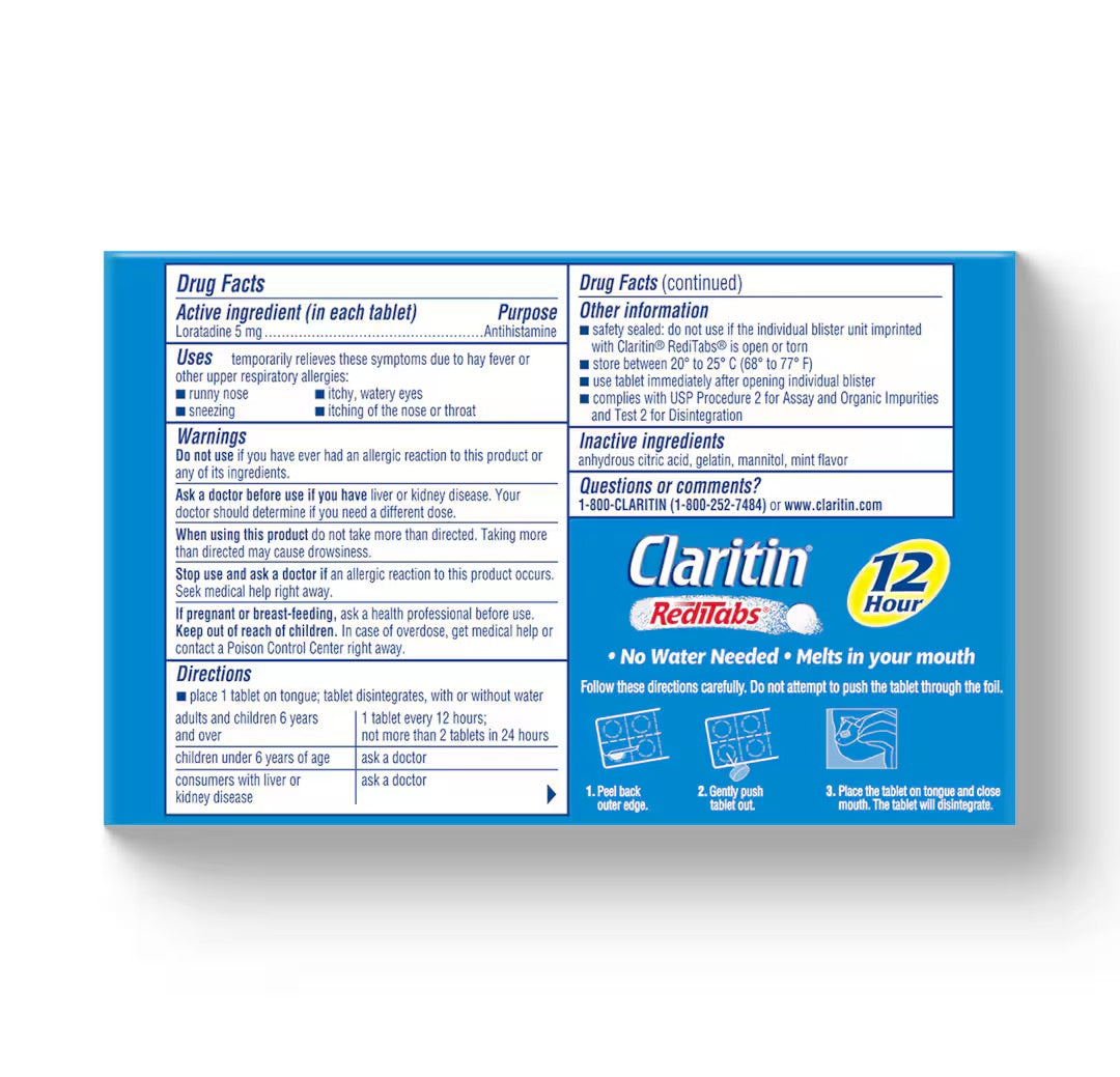 Claritin RediTabs 12 Hour Allergy Relief - Loratadine 5mg Antihistamine | Non-Drowsy Prescription Strength Allergy Relief | 30 Orally Disintegrating Tablets; Exp 12/2025