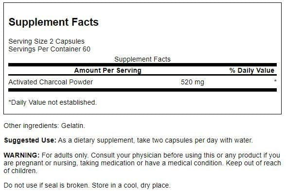 Swanson Activated Charcoal 520mg | 260mg per Capsule | Detoxification Support | Helps with Bloating & Maintaining Bowel Regularity | 120 Capsules Exp 11/2026