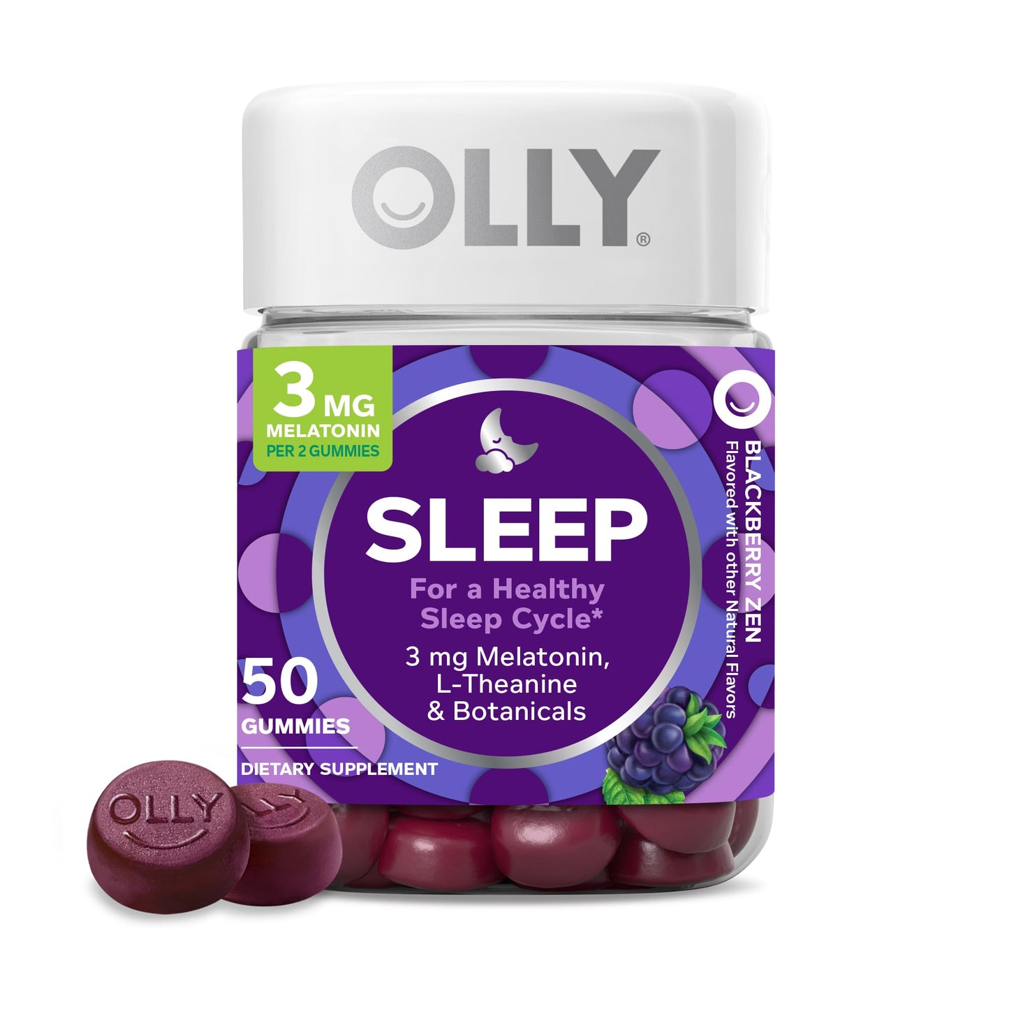 OLLY Sleep Gummy | 3mg Melatonin, L-Theanine, Chamomile, Lemon Balm | Drug-free Sleep Aid | Occasional Sleep Support | Blackberry Zen ~ 50 Gummies; Exp 05/2026