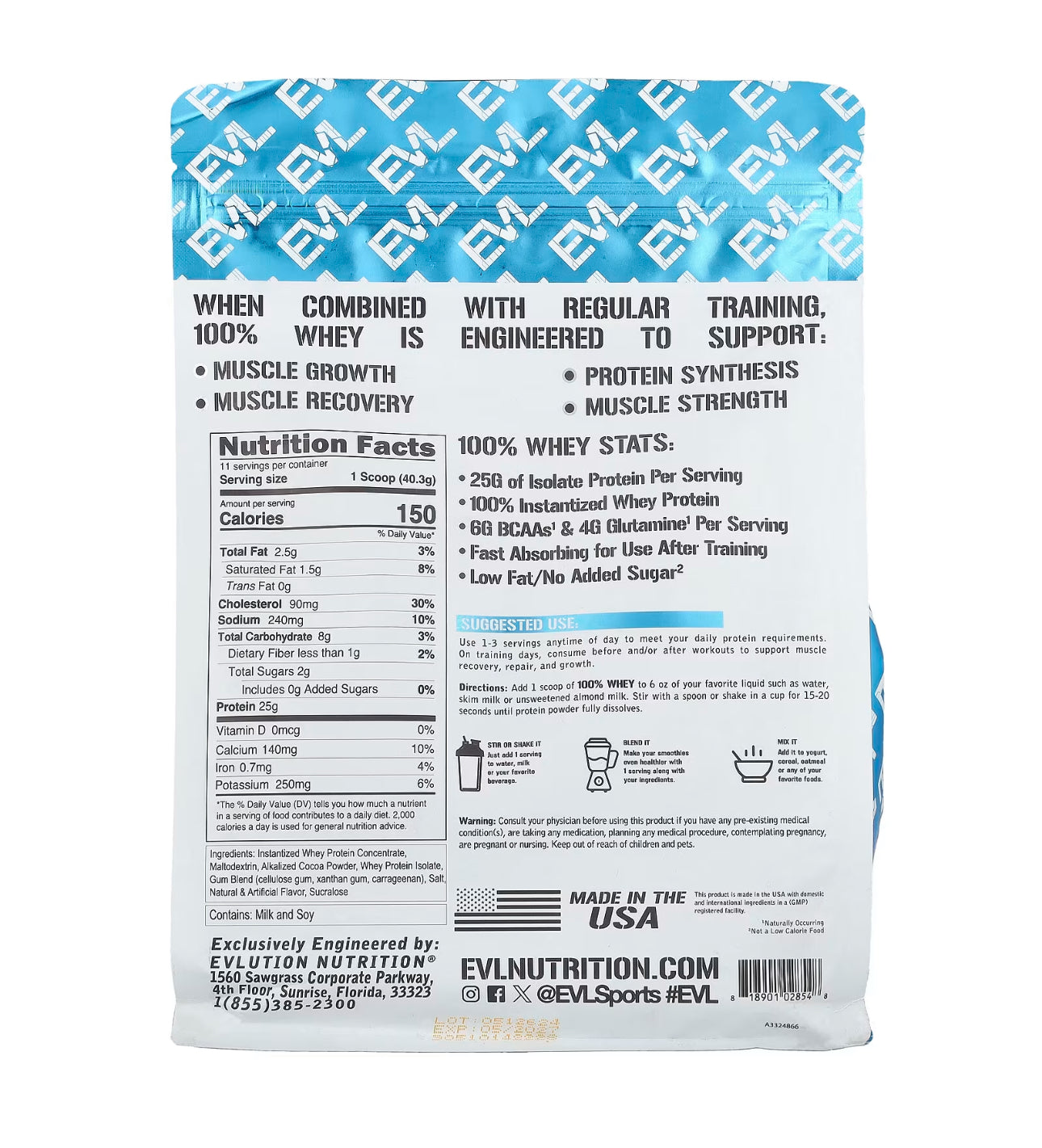 EVL 100% Whey Protein | Low Fat | 6g BCAAs, 4g Glutamine | Double Rich Chocolate | 1 lb (454g) Exp 07/2027