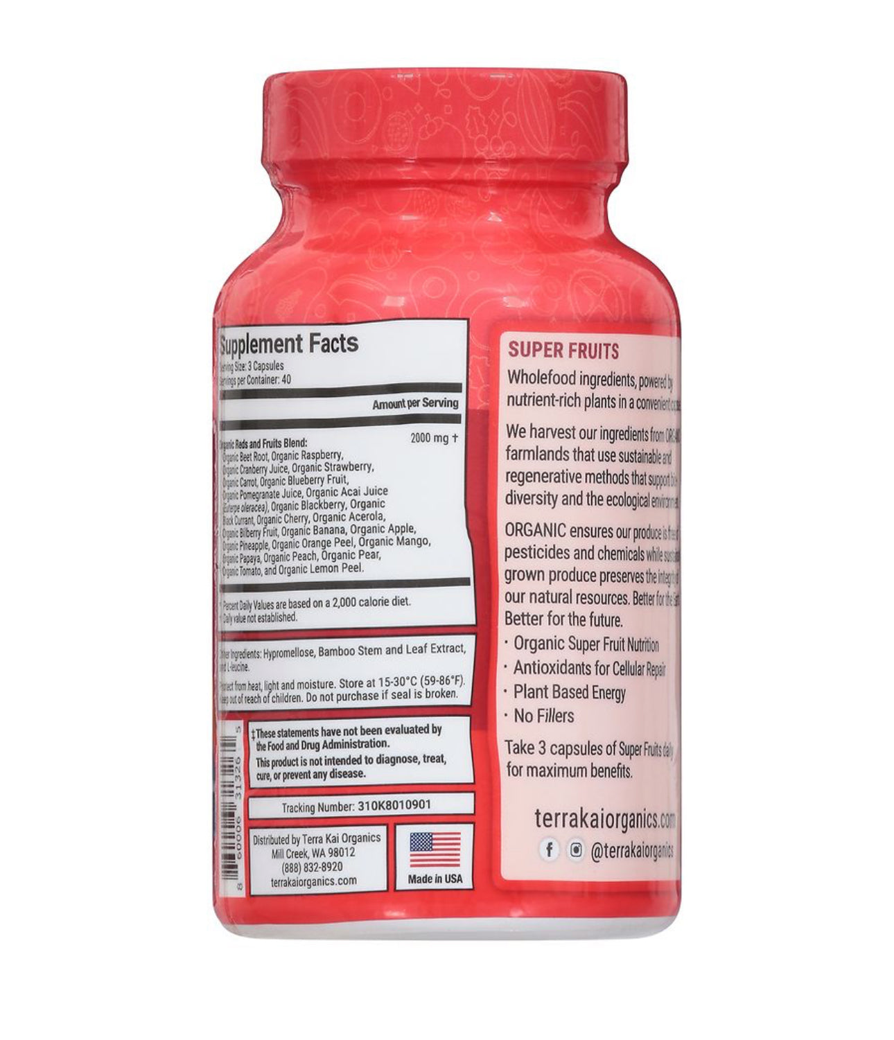 Terra Kai Organics JUCE Super Fruits | 30 Day Supply | 23 Fruits per Serving | 90 Capsules; Exp FADED (09/2025-See marked item in last picture)