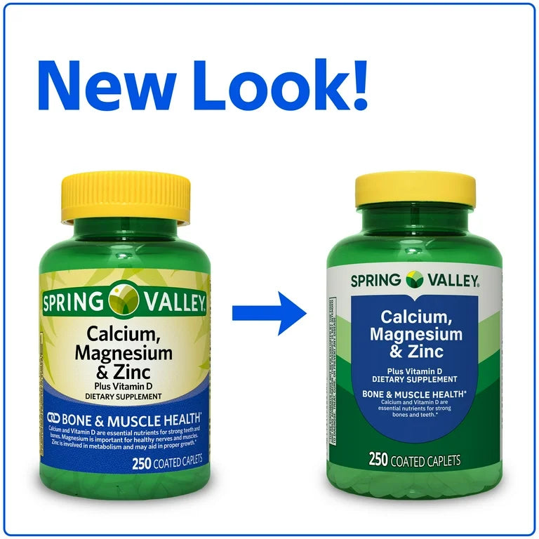 Spring Valley Calcium, Magnesium & Zinc Plus Vitamin D3 | Supports Bone & Muscle Health | 250 Caplets; Exp 03/2027 (New Look)