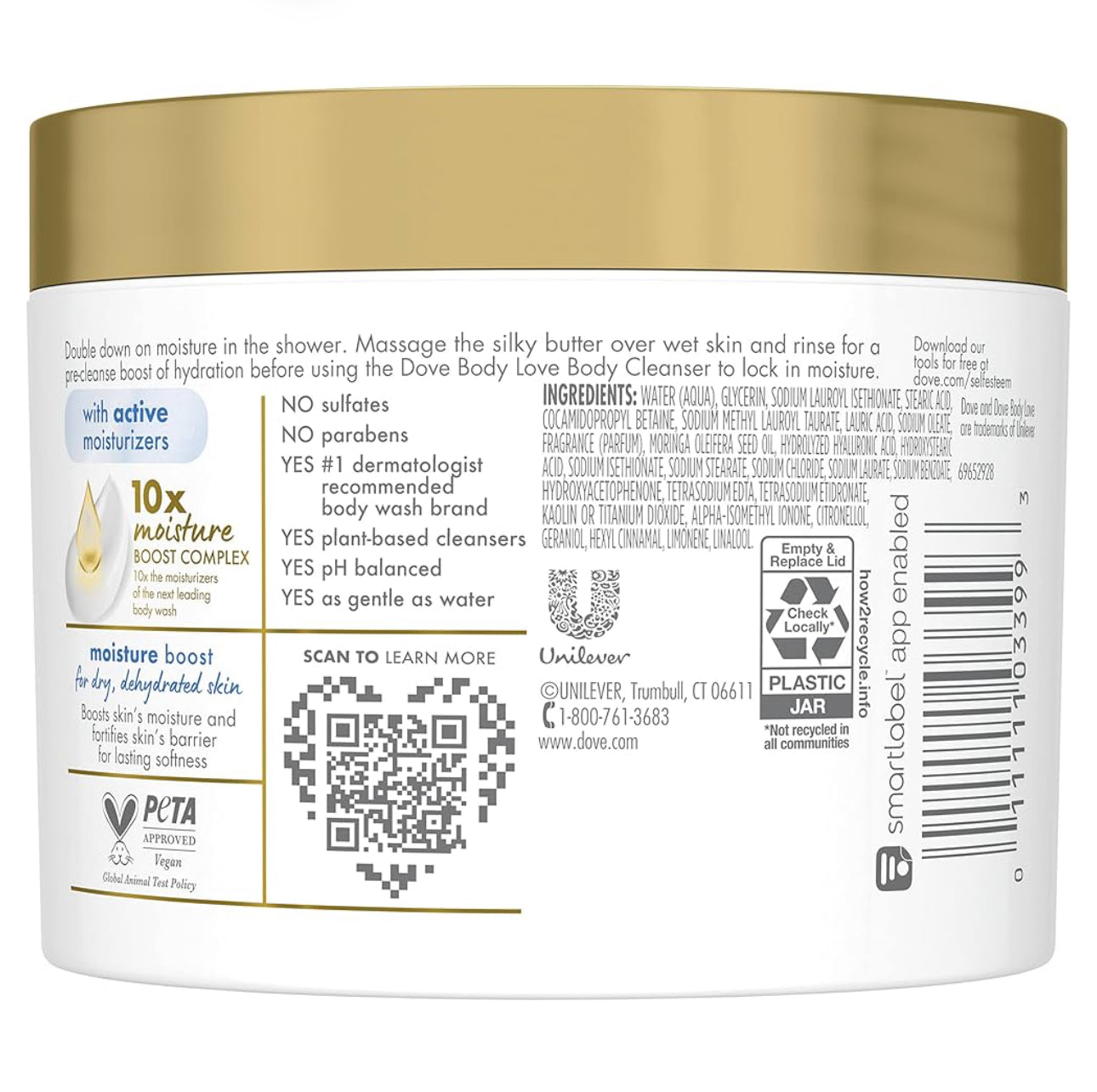 Dove Body Love Moisture Boost Pre-Cleanse Shower Butter | for Dry, Dehydrated Skin | Silkier than Body Wash | with Hyaluronic Acid Serum + Moringa Oil; 10oz/283g
