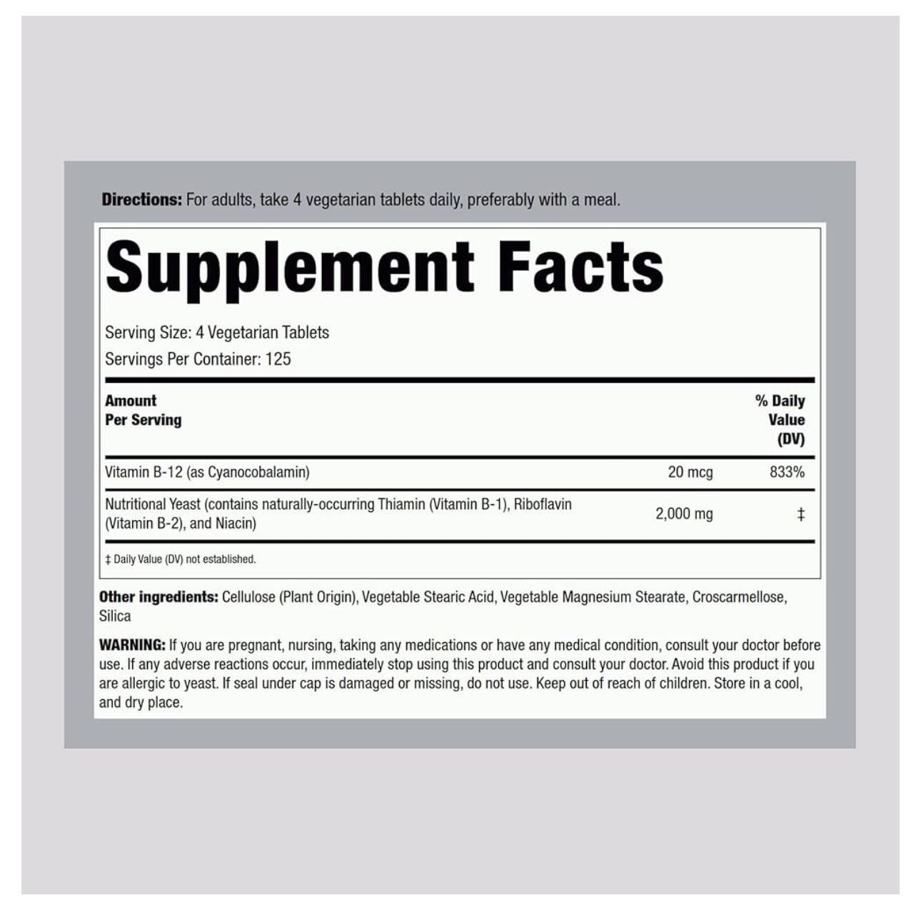 PipingRock Nutritional Yeast 2000mg Fortified with Vitamin B12 | Naturally Contains Thiamin (Vitamin B-1), Riboflavin (Vitamin B-2) & Niacin | 500 Tablets; Exp 08/2027