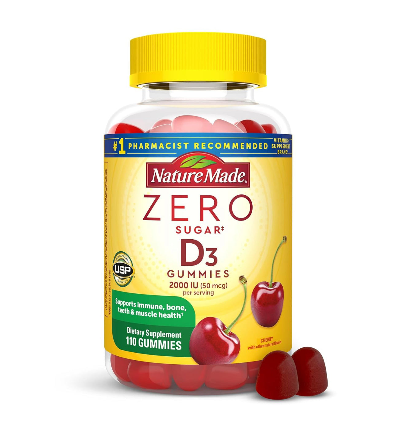Nature Made Zero Sugar Vitamin D3 Gummies 2000 IU (50 mcg) | 55 Day Supply | For Immune, Bone, Teeth & Muscle Support | Aspartame Free | 110 Gummies; Exp 11/2025