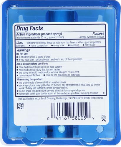 Nasacort 24HR Allergy Nasal Spray for Adults | Triamcinolone Acetone (Glucocorticoid) 55mcg | Non-drowsy & Alcohol-Free, 120 Sprays, 0.57 fl.oz/16.9ml Exp 04/2026