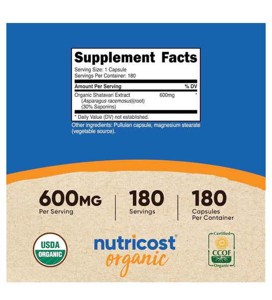 Nutricost Shatavari 600mg | Menopause & Hormone Support | Calms the Emotion & Reduces Irritability | 180 Capsules; Exp 05/2027