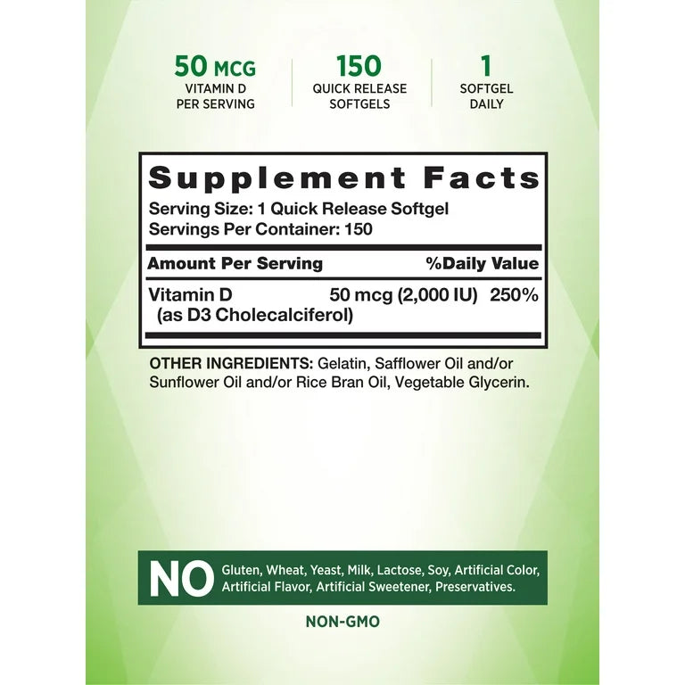 Nature's Truth Vitamin D3 2000iu (50 mcg) | High Potency | Supports Immune System, Hormone Health, Bone & Joint Health | 150 Softgels Exp 09/2025