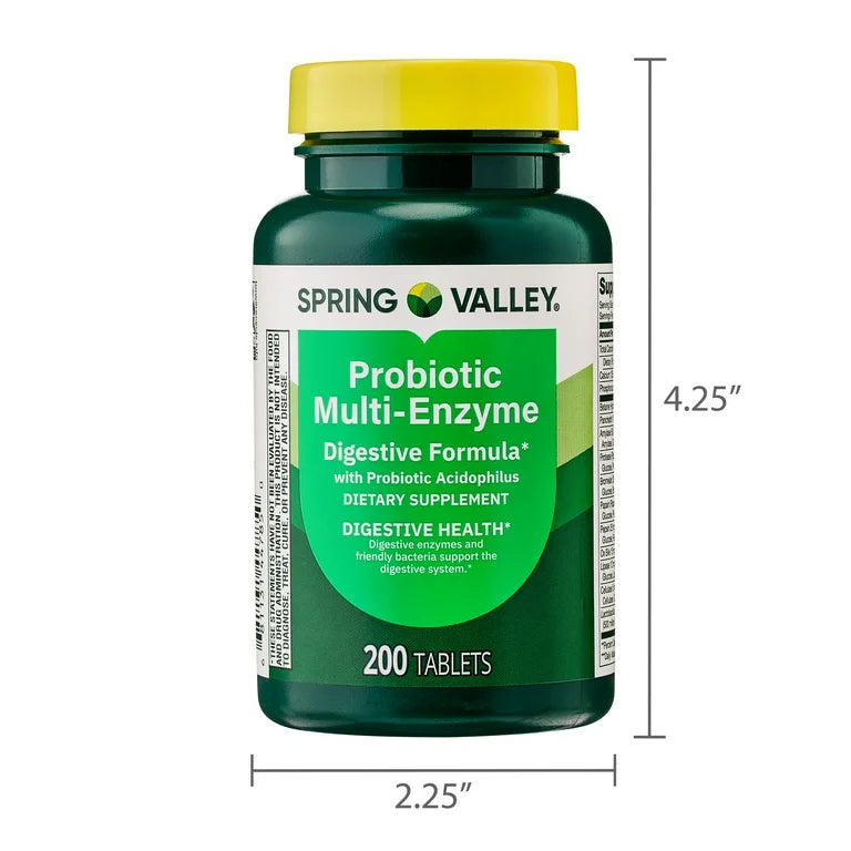 Spring Valley Probiotic Multi-Enzyme Digestive Formula | 66 Day Supply | Improves Digestion | Digestive Enzymes | 200 Tablets; Exp 05/2027 *New look
