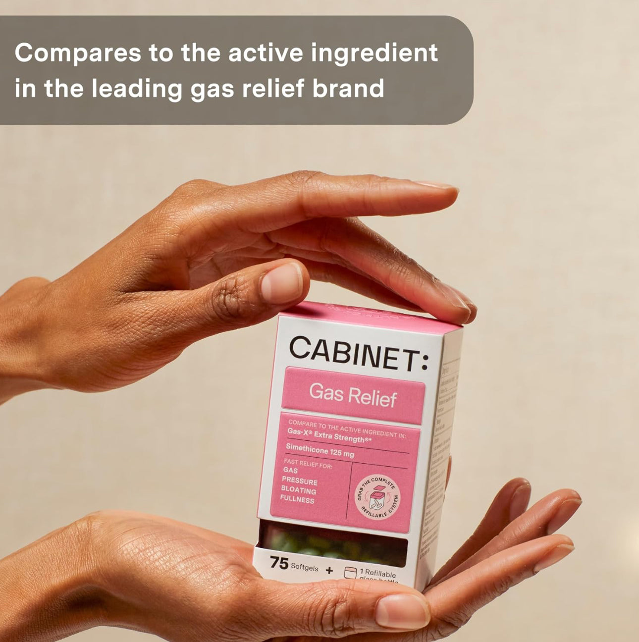 Cabinet: Maximum Gas Relief for Adults w/Active Ingredient Simethicone 125g | Similar to Gas-X Extra Strength | Relief for Bloating, Burping & Cramps | 75 Softgels; Exp 11/2025