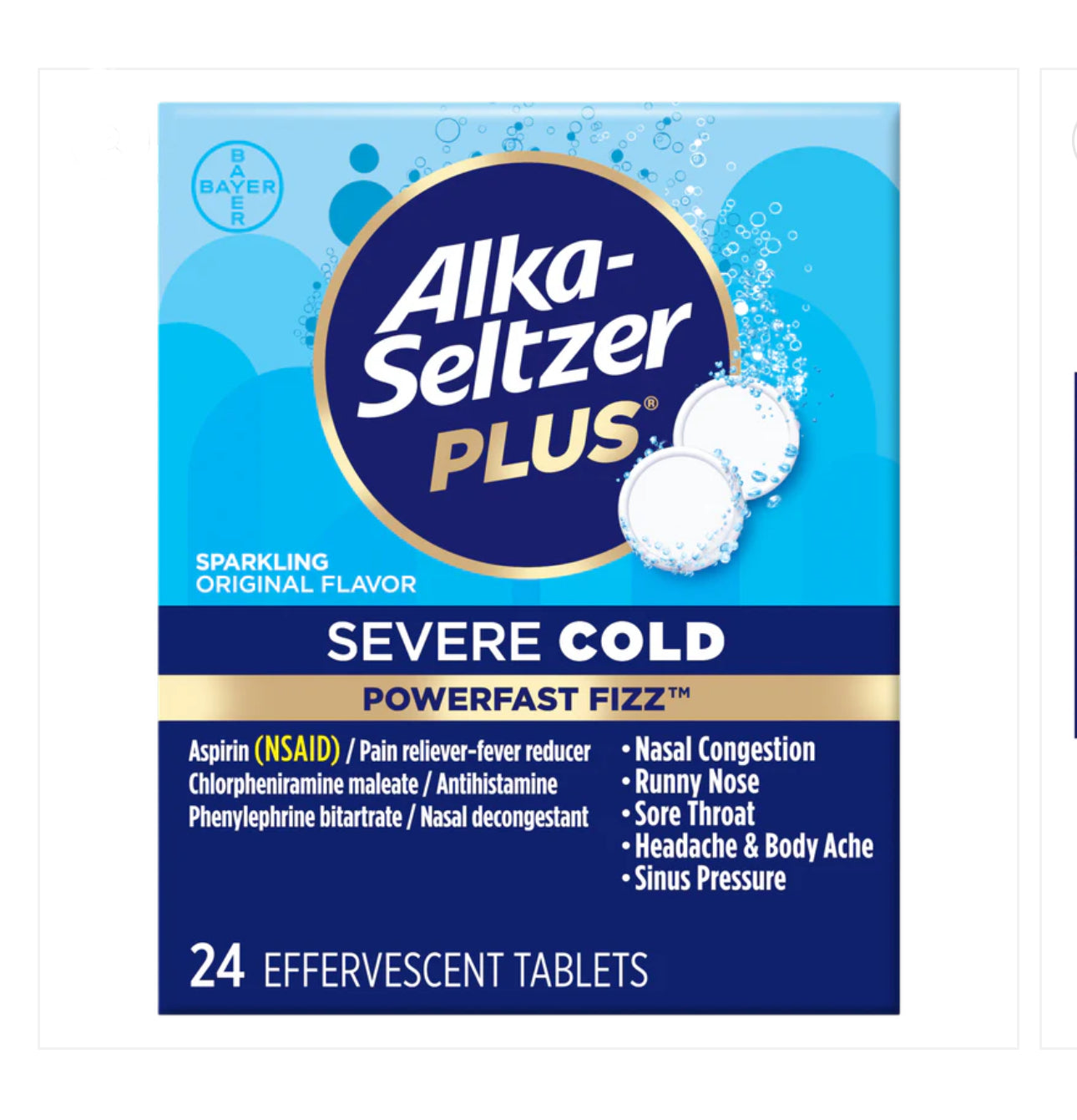 Alka-Seltzer (by Bayer) Plus Powerfast Fizz Severe Cold | Pain Reliever/Fever Reducer, Antihistamine, Nasal Decongestant | Sparkling Original ~ 24 Effervescent Tablets Exp Jul/2025