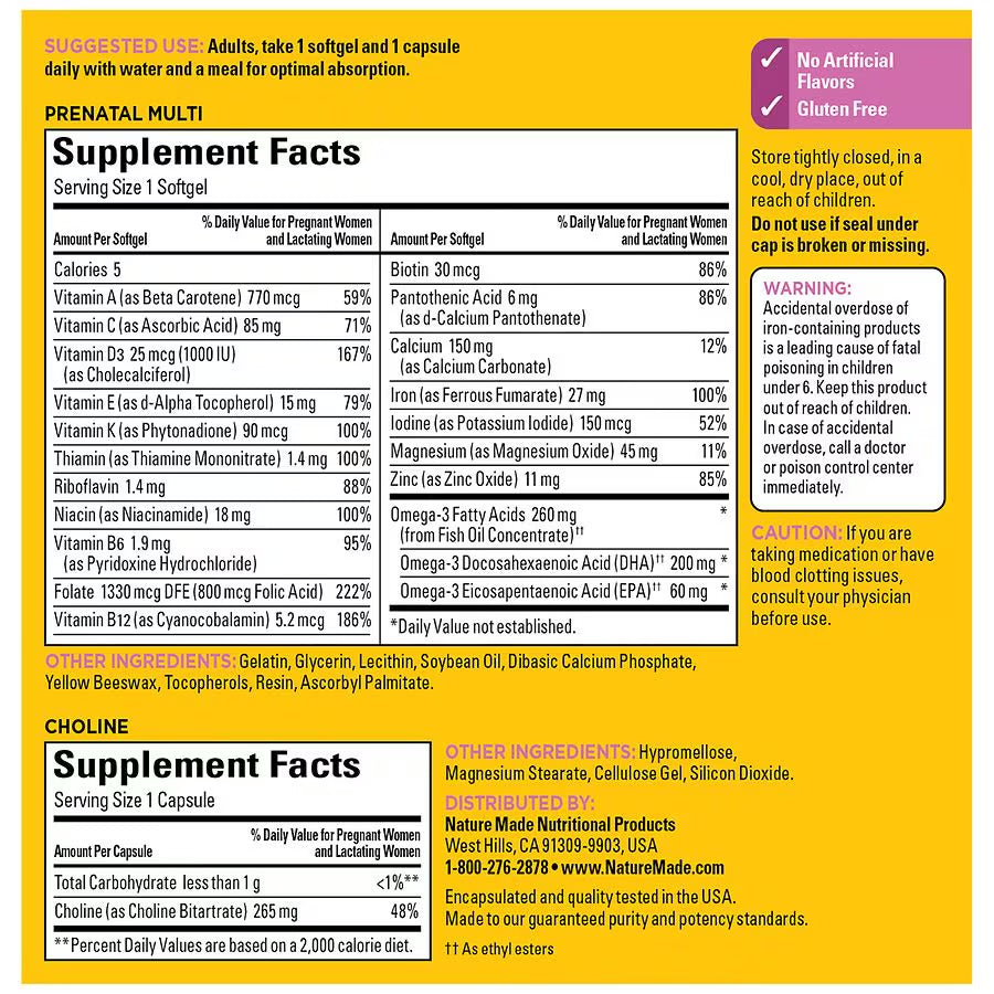 Nature Made Prenatal Multivitamin Softgels + Choline Capsules | Folic Acid + DHA + Choline | 60 Day Supply; Exp 08/2025