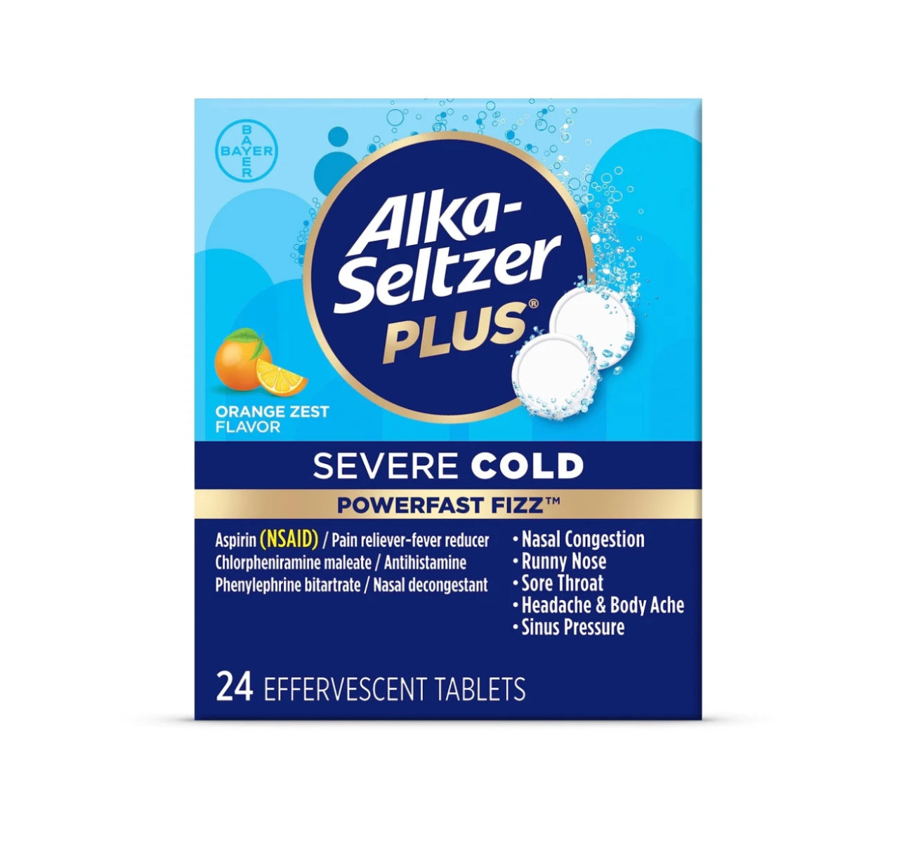 Alka-Seltzer (by Bayer) Plus Powerfast Fizz Severe Cold | Pain Reliever/Fever Reducer, Antihistamine, Nasal Decongestant | Orange Zest Flavor ~ 24 Effervescent Tablets; Exp JUL/2025