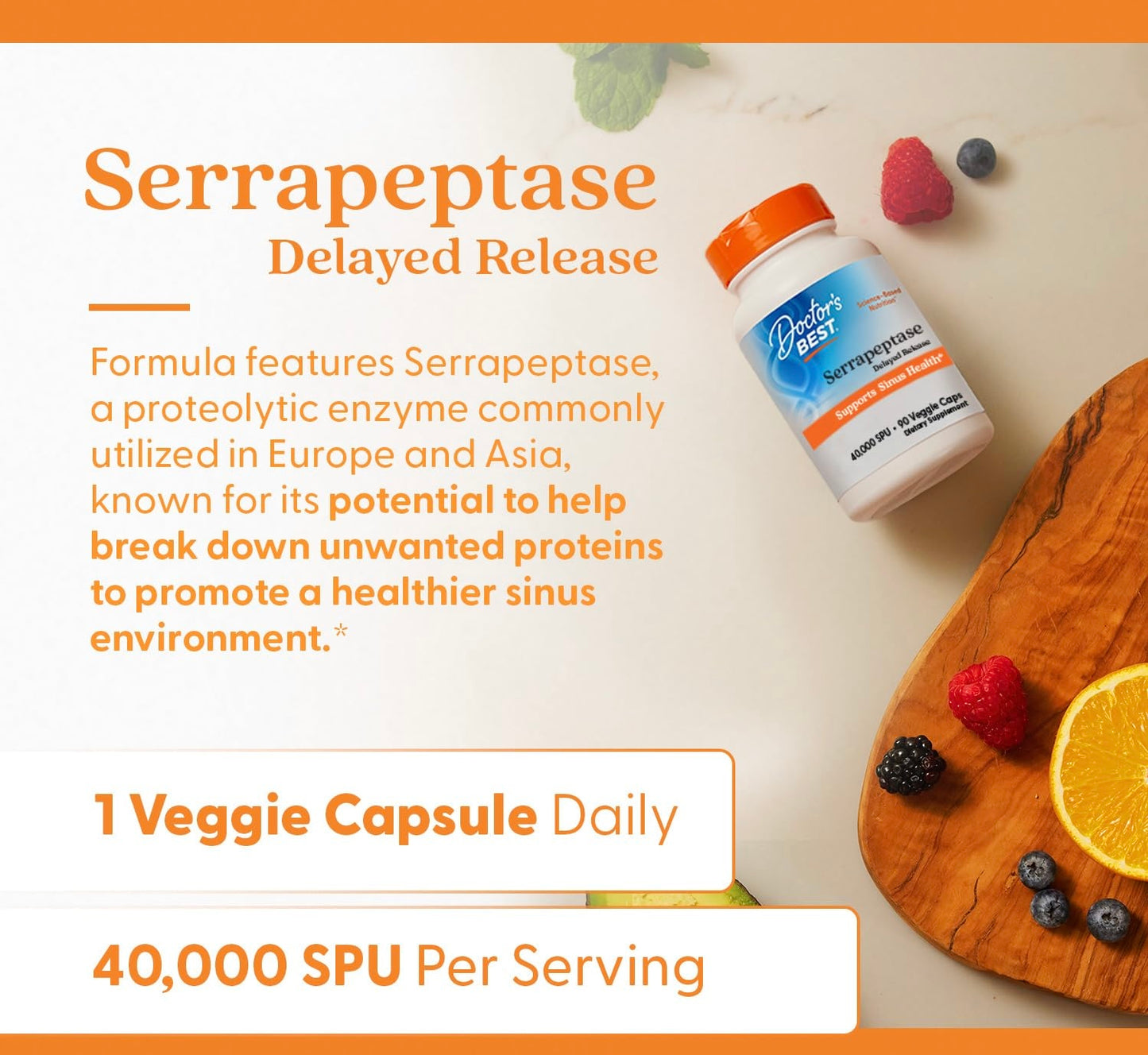 Doctor's Best Serrapeptase 40,000 SPU | Delayed Release | 90 Capsules; Exp 05/2027