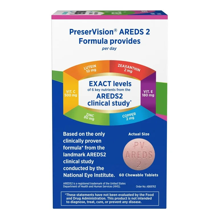 PreserVision AREDS 2 (by Bausch + Lomb - Eye Vitamin & Mineral Supplement | Contains Lutein, Vitamin C, Zeaxanthin, Zinc, Copper & Vitamin E | 60 Chewable Tablets; Exp 08/2025