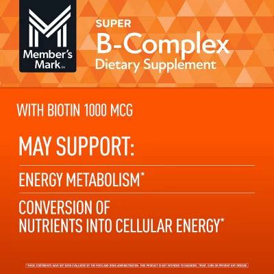 Member's Mark Super B-Complex with Biotin 1000mcg | Supports Energy Metabolism | Contains 8 B Vitamins | 300 Tablets - Exp 09/2027