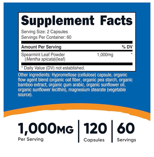 Nutricost Spearmint Leaf 1000mg | Helps with PCOS Symptoms and Hirsutism | Improves Digestion & Gut Health | 120 Capsules; Exp 11/2028