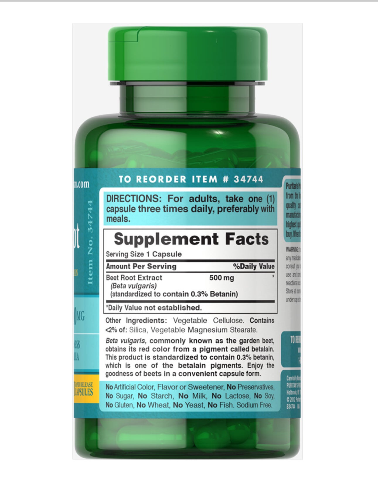Puritan’s Pride Beet Root Extract 500 mg | Standardized to Contain 0.3% Betanin | 90 Rapid Release Capsules; Exp 04/2028