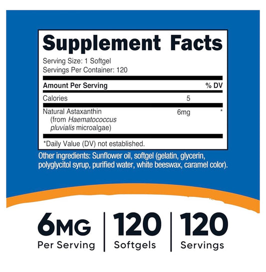 Nutricost Astaxanthin 6mg | Supports Overall Eye Health and Promotes a Healthy Nervous System | Supports Skin Elasticity & Hydration for Healthy Aging | 120 Softgels; Exp 12/2028