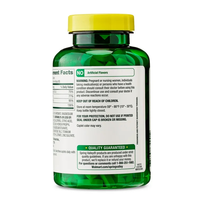 Spring Valley Calcium, Magnesium & Zinc Plus Vitamin D3 | Supports Bone & Muscle Health | 250 Caplets; Exp 03/2027 (New Look)