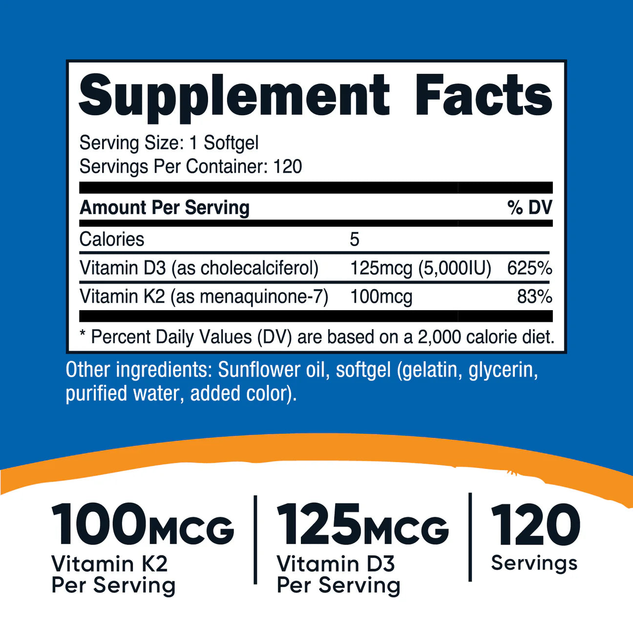 Nutricost Vitamin K2 (mk-7) 100mcg + Vitamin D3 5000iu (125mcg) | High Potency | Supports Immunity, Cardiovascular, & Bone Health | 120 Softgels; Exp 04/2028