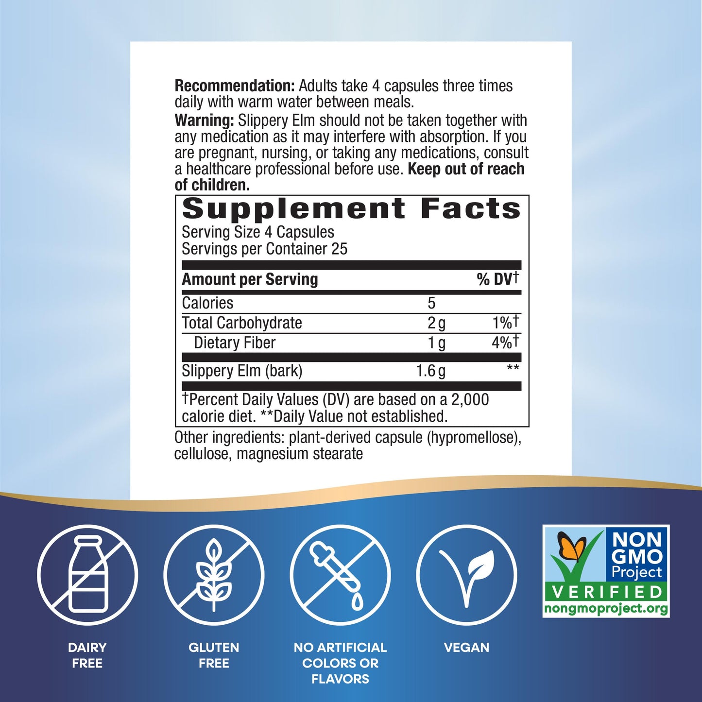 Nature's Way Slippery Elm Bark 400mg | Helps Coat & Soothe Gastrointestinal (GI) Tract | Helps with Acid Reflux | 100 Capsules; Exp 02/2029 (New Look)