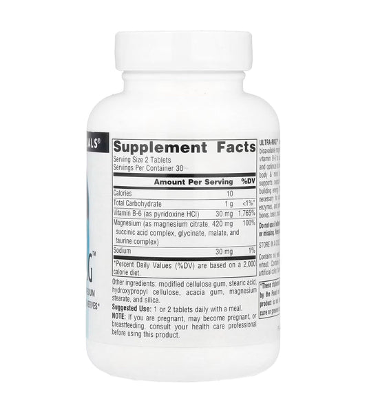 Source Naturals Ultra-Mag High-Efficiency Magnesium Complex | Vitamin B6, Magnesium Citrate, Magnesium Succinate, Magnesium Glycinate, Magnesium Malate, Magnesium Taurate | Maintains Muscle & Nerve Function | 60 Tablets; Exp 04/2029