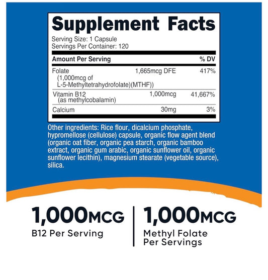 Nutricost Methylated Vitamin B12 + Folate | L-5-MethylFolate (Quatrefolic) 1000 mcg + Methylcobalamin 1,000 mcg | Gentle on Stomach | Supports Heart, Brain, Nerve, Digestive Health | Maintains Healthy RBCs Production | 120 Capsules; Exp 11/2028