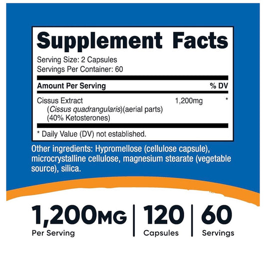 Nutricost Cissus Quadrangularis 1200mg | Supports Bone Strength & Healing | Eases Joint Pain & Stiffness | Helps Your Body Recover Faster After Workouts | Fights Inflammation from the Inside Out | 120 Capsules; Exp 07/2028