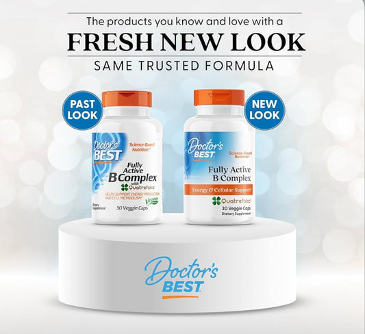 Doctorโs Best Fully Active B Complex | With MTHF 400mcg, P-5-P 50mg, Methylcobalamin (B12) 1000mcg | Optimal Support for Energy Production, Cellular Health & Overall Well-Being | 30 Veggie Caps; Exp 09/2027