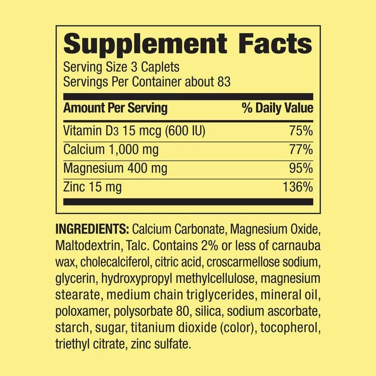 Spring Valley Calcium, Magnesium & Zinc Plus Vitamin D3 | Supports Bone & Muscle Health | 250 Caplets STAINED PACK; Exp 10/2026