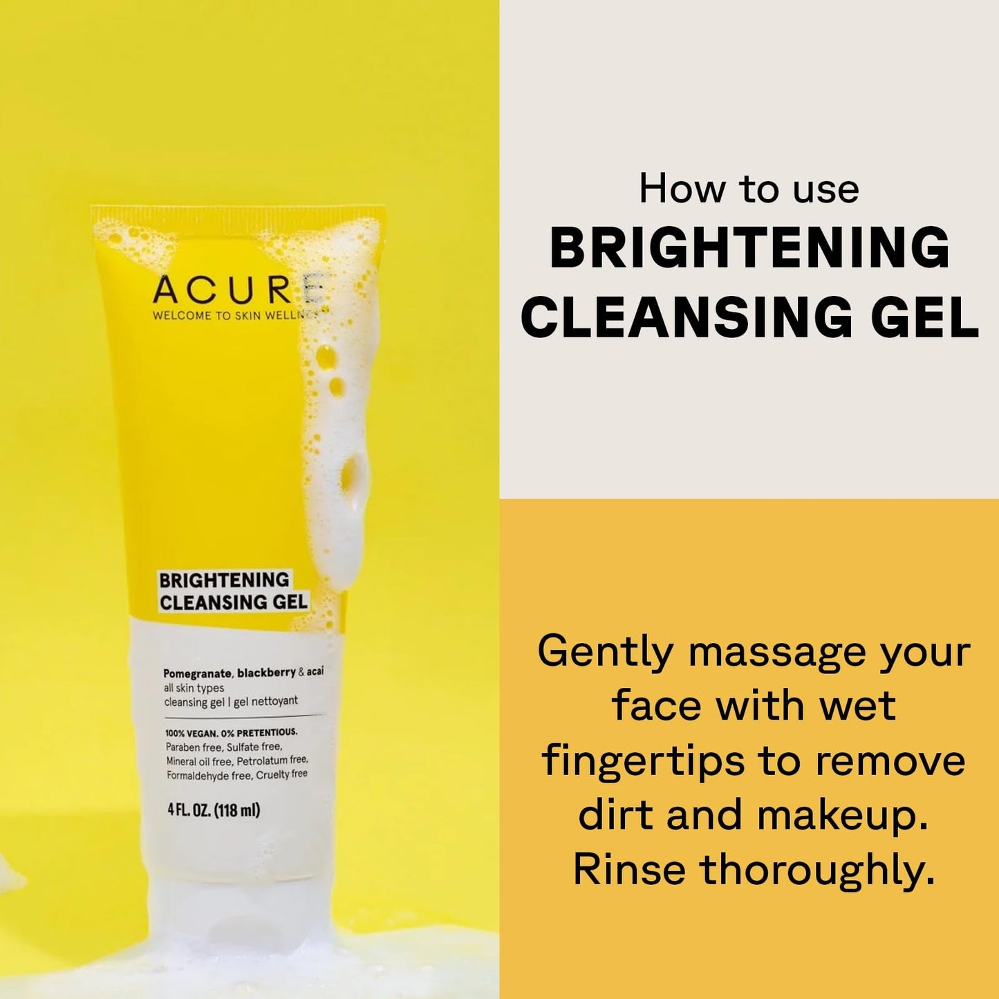 Acure Brightening Cleansing Gel - Face Wash for Radiant Skin - Pomegranate, Blackberry & Acai Infused - Antioxidant - Rich Gentle Formula for All Skin Types - 4oz/118ml - Ome's Beauty Mart