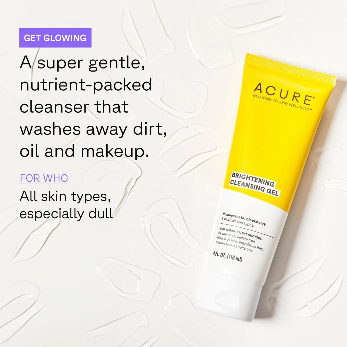 Acure Brightening Cleansing Gel - Face Wash for Radiant Skin - Pomegranate, Blackberry & Acai Infused - Antioxidant - Rich Gentle Formula for All Skin Types - 4oz/118ml - Ome's Beauty Mart
