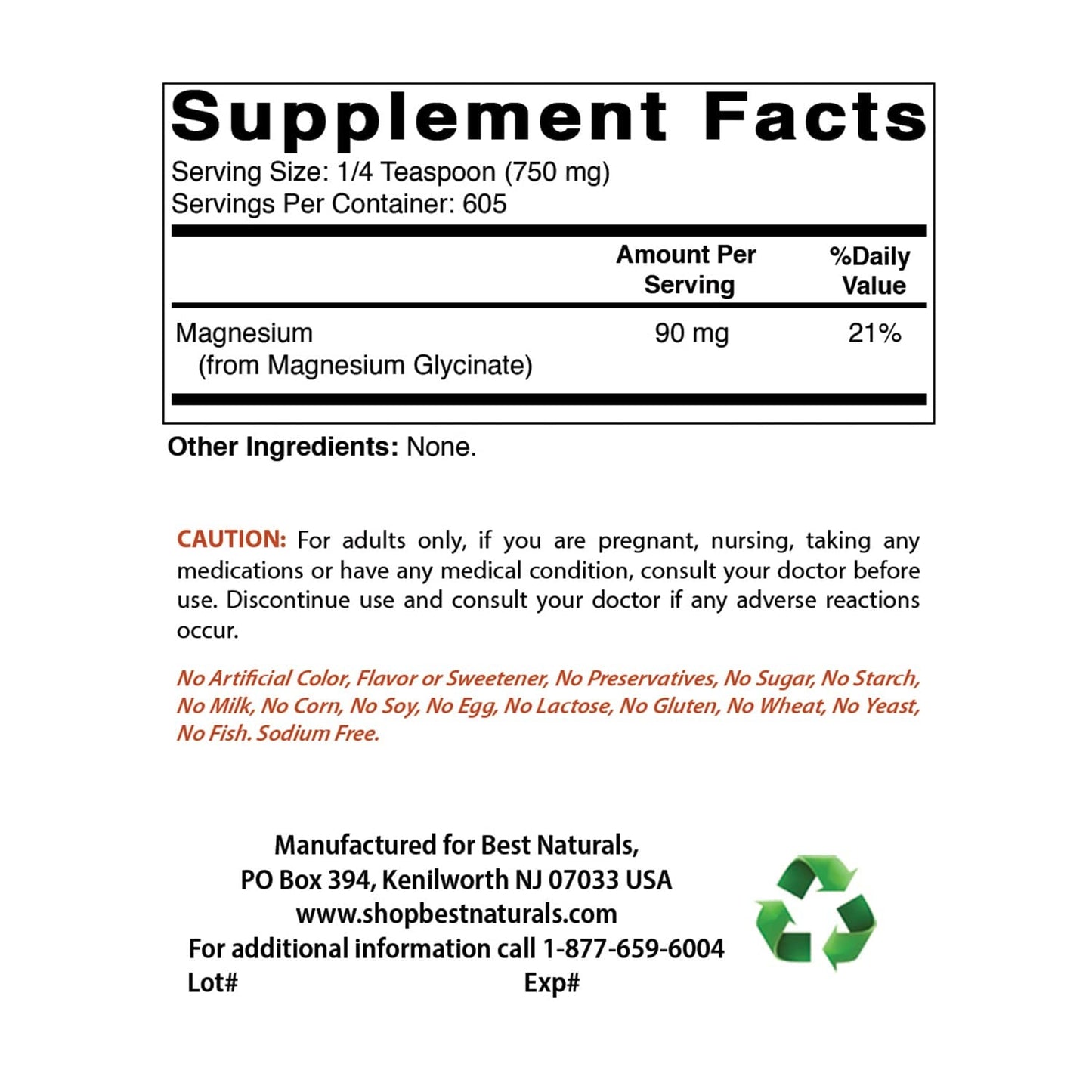 Best Naturals Magnesium Glycinate Powder 750mg (per Serving) | 605 Servings | Supports Nerve & Muscle Function | Supports Healthy Bones | Great for Couples | Unflavored- 1Lb/454g Exp 10/2026 - Ome's Beauty Mart