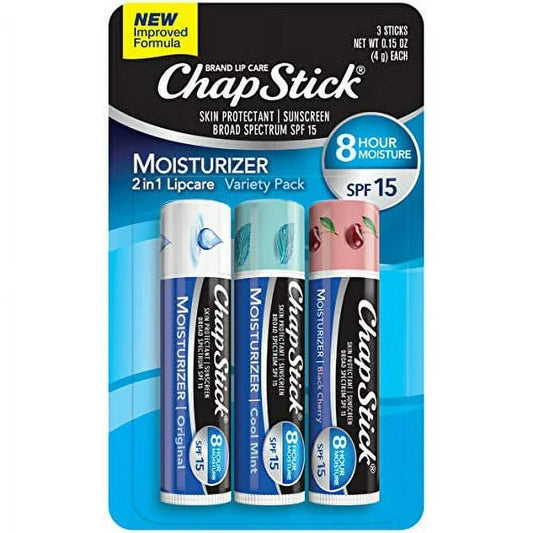 ChapStick Moisturizer 2-in-1 Lipcare Variety Pack Original, Black Cherry and Cool Mint Lip Balm, SPF 15 and Skin Protectant - 0.15 Oz (Pack of 3) - Ome's Beauty Mart