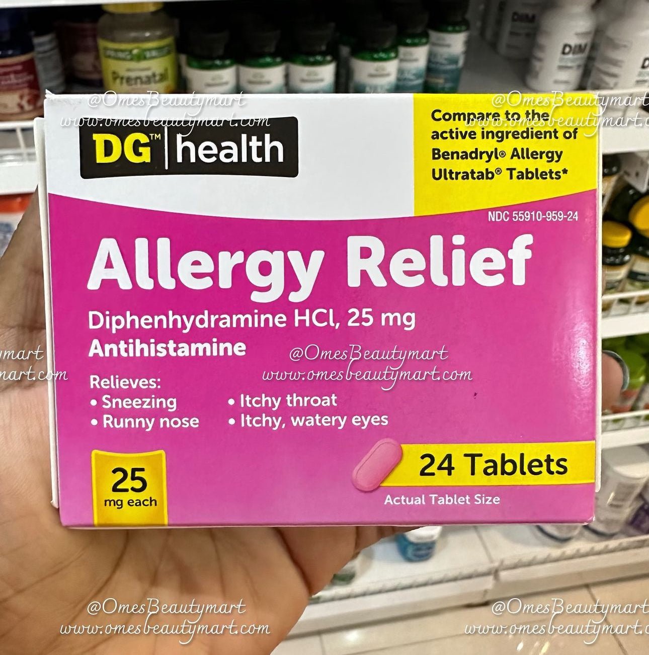 DG Health Allergy Relief Diphenhydramine HCL 25mg Antihistamine | Similar to Benadryl Allergy Ultratab Tablets | 24 Tablets Exp 06/2026 - Ome's Beauty Mart