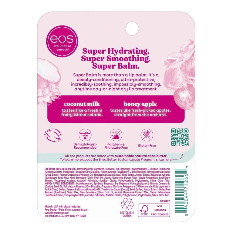 Eos 24H Moisture Super Balm- Coconut Milk & Honey Apple Lip Balm, 0.35 fl oz, Pack of 2 - Ome's Beauty Mart