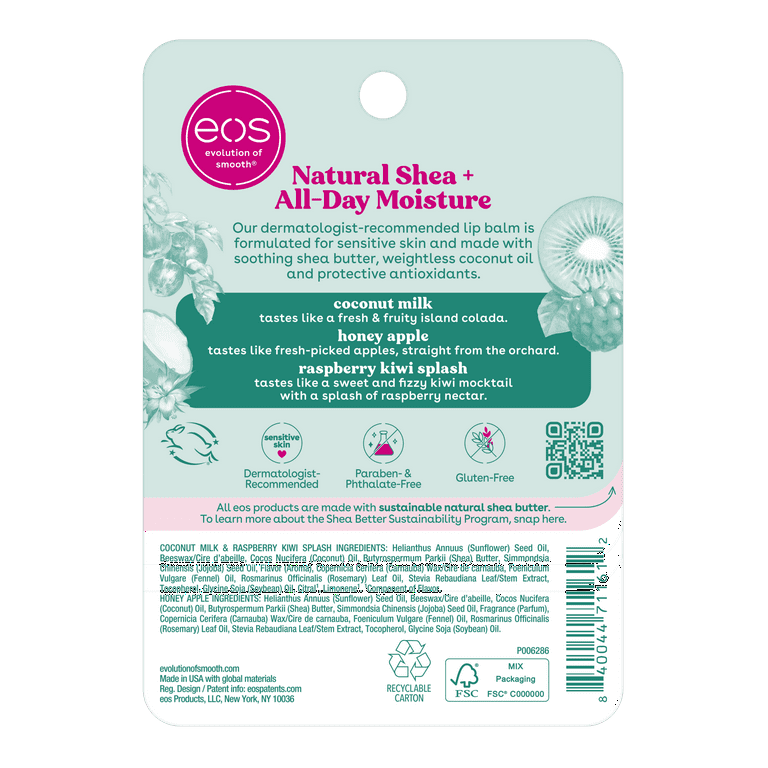 eos Natural Shea Lip Balm | Honey Apple, Coconut Milk & Raspberry Kiwi Splash | All - Day Moisture | 3 x 0.14 oz, 3 - Pack - Ome's Beauty Mart