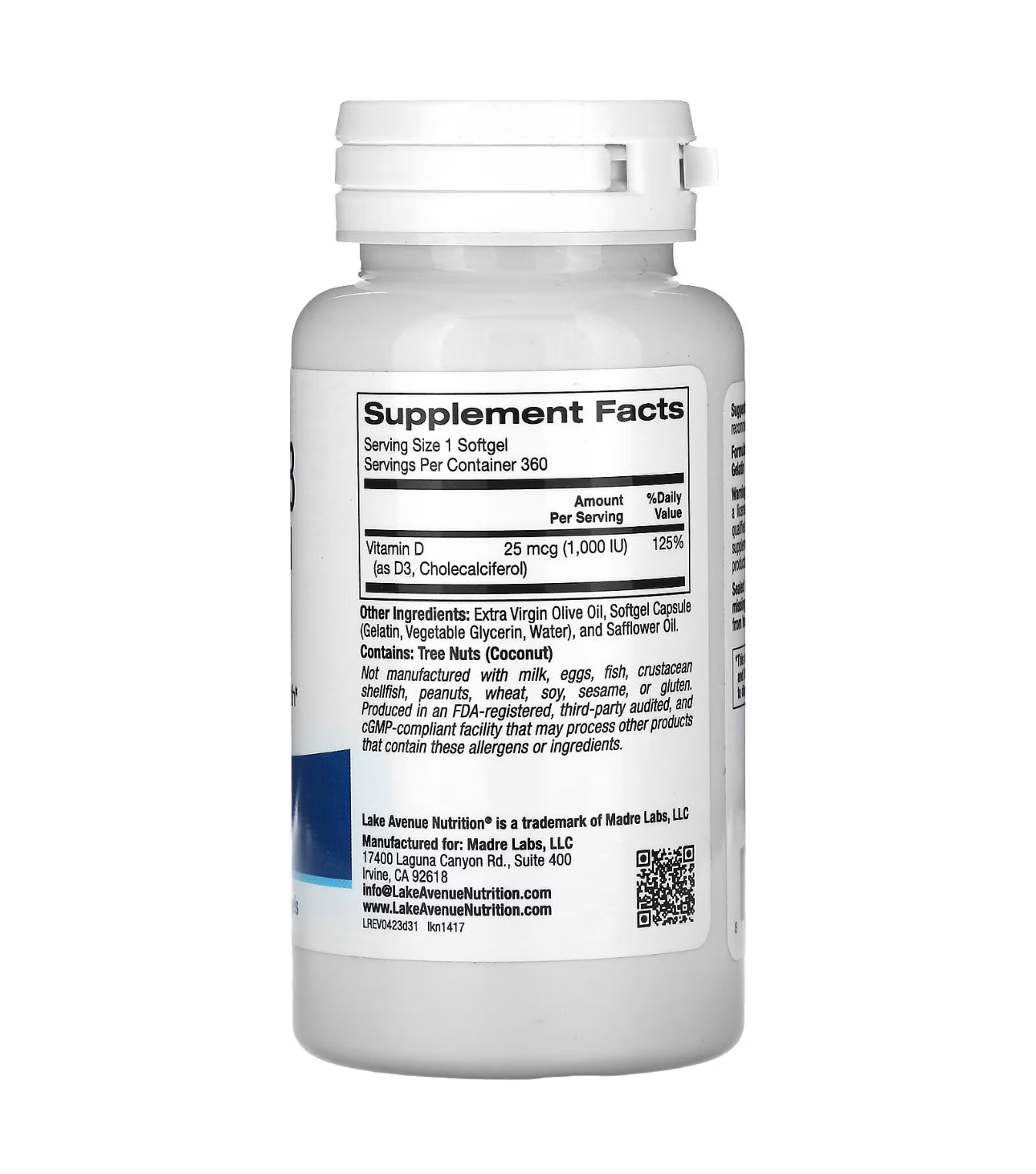 Lake Avenue Vitamin D3 Cholecalciferol 1000 iu (25mcg) | 1 Year Supply | 360 Softgels Exp 04/2028 - Ome's Beauty Mart