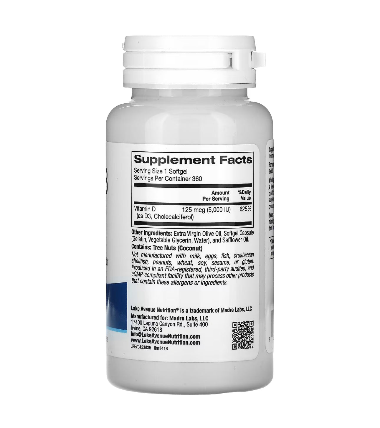 Lake Avenue Vitamin D3 Cholecalciferol 5000 iu (125mcg) | 1 Year Supply | 360 Softgels Exp 05/2028 - Ome's Beauty Mart
