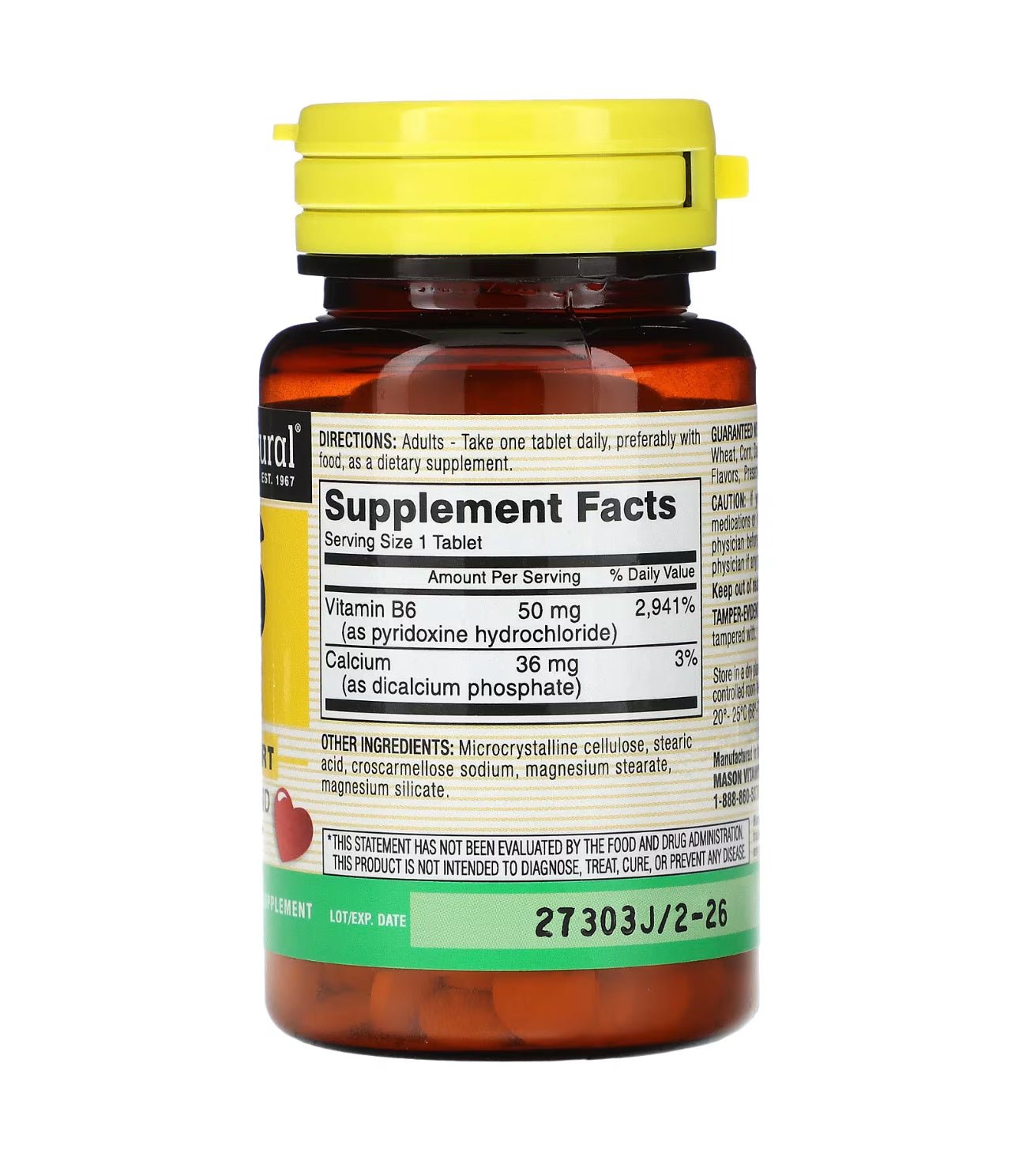 Mason Natural Vitamin B6 50mg with Calcium | Supports Healthy Heart, Nerve Function & Improved Energy Metabolism | 100 Tablets Exp 9/2026 - Ome's Beauty Mart