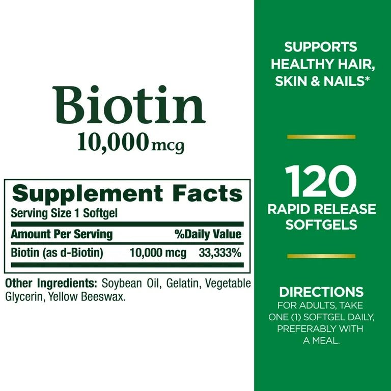 Nature’s Bounty Biotin 10000mcg | Supports Healthy Hair, Skin and Nails | 120 Rapid Release Softgels Exp 03/2026 - Ome's Beauty Mart