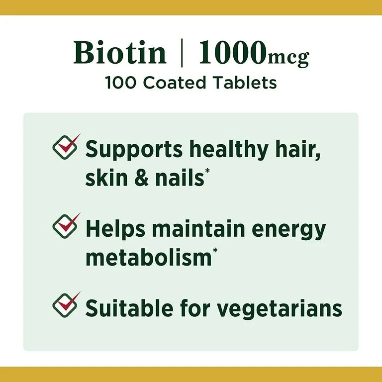 Nature's Bounty Biotin 1000mcg Vitamin Supplement Tablets, 100 Coated Tablets Exp 04/2026 - Ome's Beauty Mart