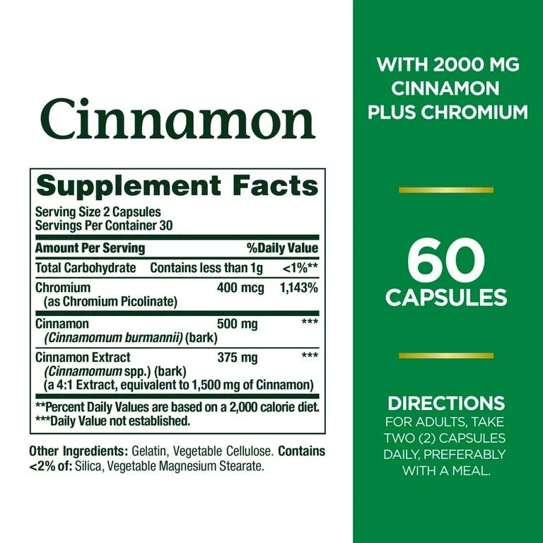 Nature’s Bounty Cinnamon 2000mg + Chromium 400mcg | Supp60 Capsules Exp 01/2026 - Ome's Beauty Mart