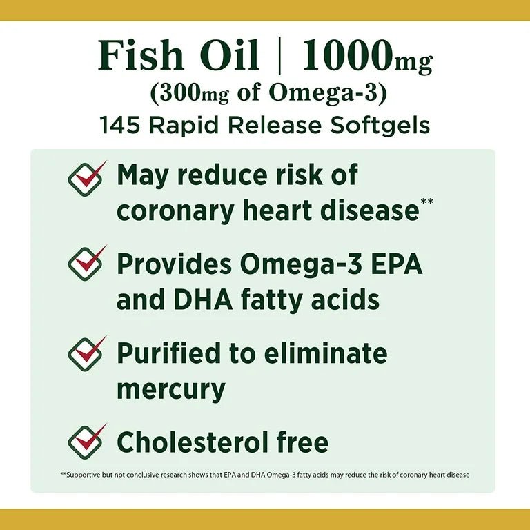 Nature's Bounty Fish Oil 1000mg | 300mg of Omega - 3 | Supports Heart Health | 145 Rapid Release Softgels Exp 11/2024 - Ome's Beauty Mart