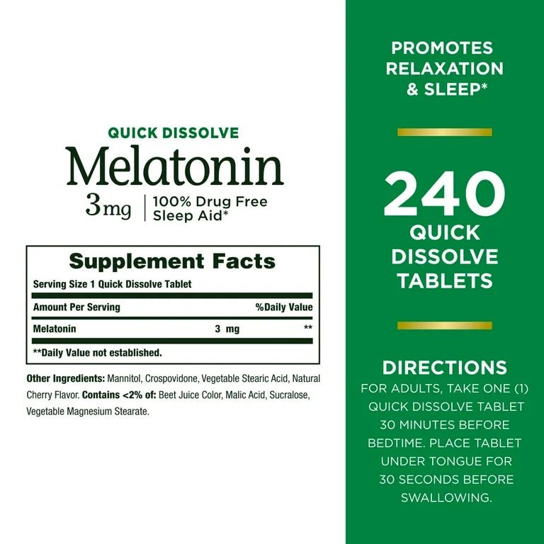 Nature’s Bounty Melatonin 3mg | 100% Drug Free Sleep Aid | Promotes Calm Sleep and Relaxation | 240 Quick Dissolve Tablets Exp 03/2026 - Ome's Beauty Mart