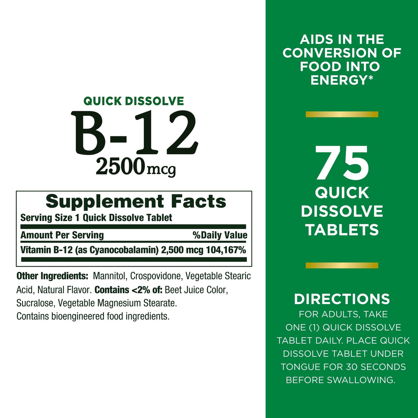 Nature's Bounty Vitamin B12 2500 mcg | Cellular Energy Support | For Energy Metabolism | Supports Heart & Nervous System Health | 75 Quick Dissolve Tablets Exp 09/2025 - Ome's Beauty Mart