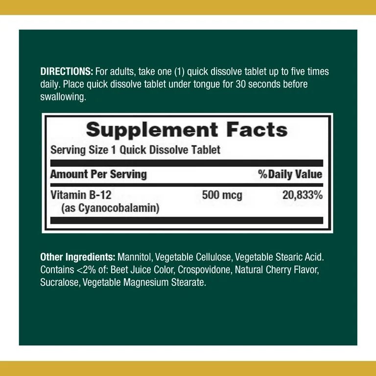 Nature's Bounty Vitamin B12 500mcg (Cyanocobalamin) | Supports Energy Production | Cherry Flavor, 100 Quick Dissolve Tablets Exp 05/2025 - Ome's Beauty Mart