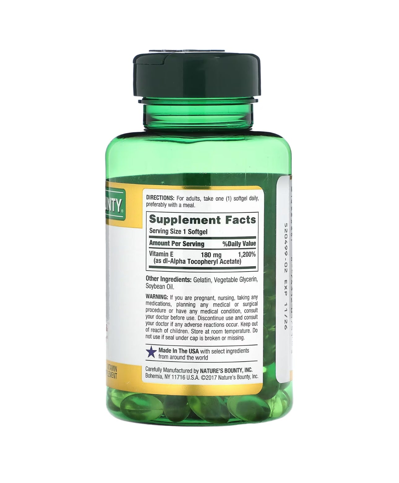Nature's Bounty Vitamin E 180mg (400iu) Pure dl - Alpha Tocopheryl Acetate | Supports Immune & Antioxidant Health | Anti - Inflammatory | 120 Rapid Release Softgels Exp 06/2026 - Ome's Beauty Mart