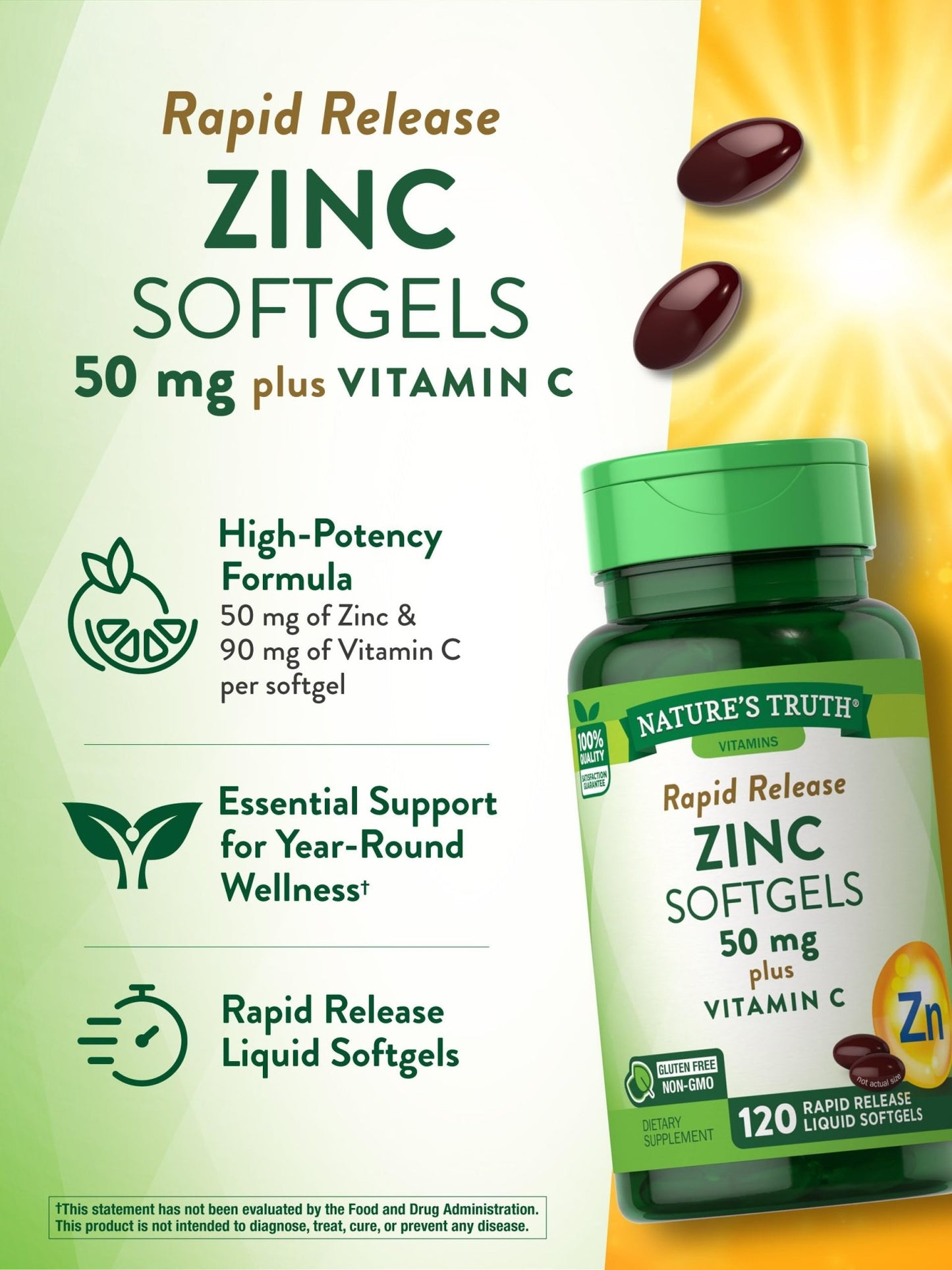 Nature's Truth Zinc with Vitamin C | Zinc Oxide 50mg | 120 Softgels Exp 08/2025 - Ome's Beauty Mart